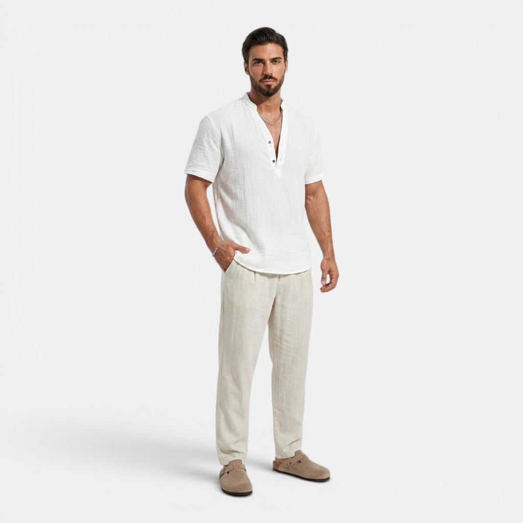 Monvaline | Men’s Lightweight Summer Shirt – Textured Stand Collar