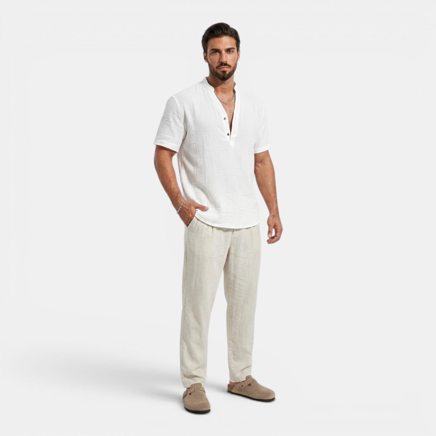 Monvaline | Men’s Lightweight Summer Shirt – Textured Stand Collar