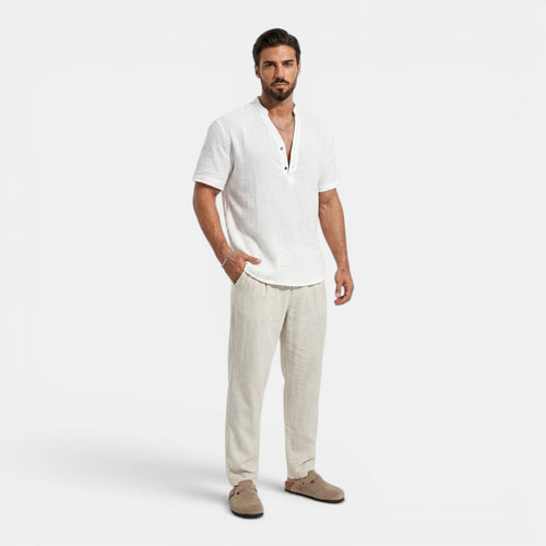 Monvaline | Men’s Lightweight Summer Shirt – Textured Stand Collar
