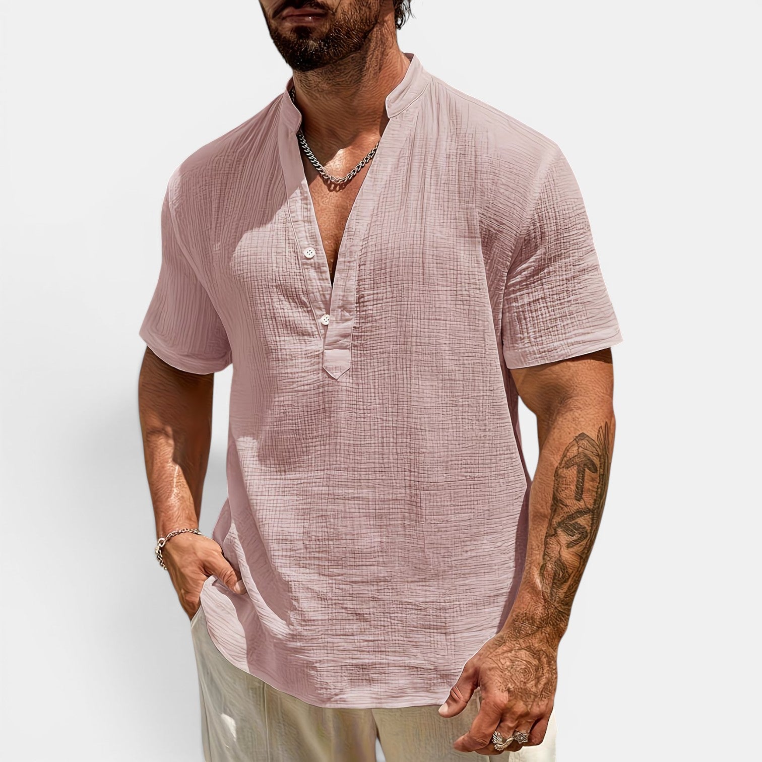 Monvaline | Men’s Lightweight Summer Shirt – Textured Stand Collar