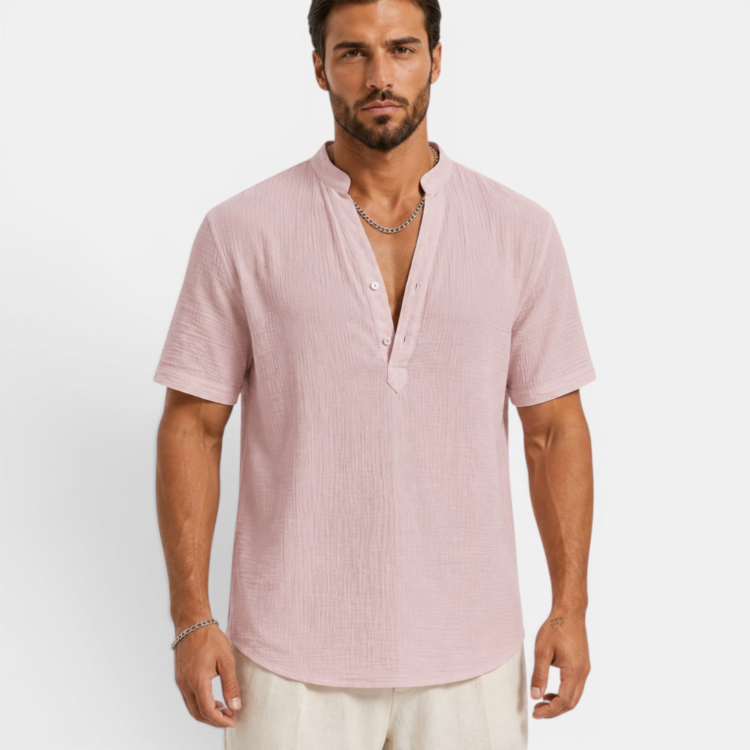 Monvaline | Men’s Lightweight Summer Shirt – Textured Stand Collar