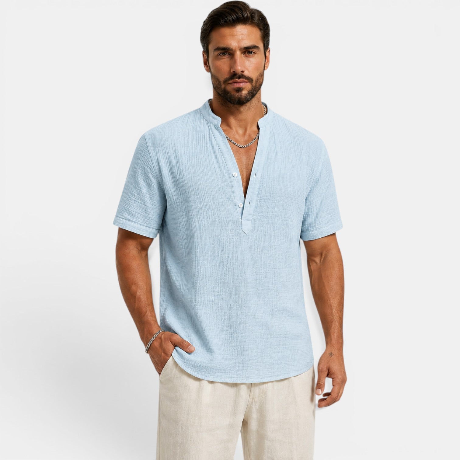 Monvaline | Men’s Lightweight Summer Shirt – Textured Stand Collar