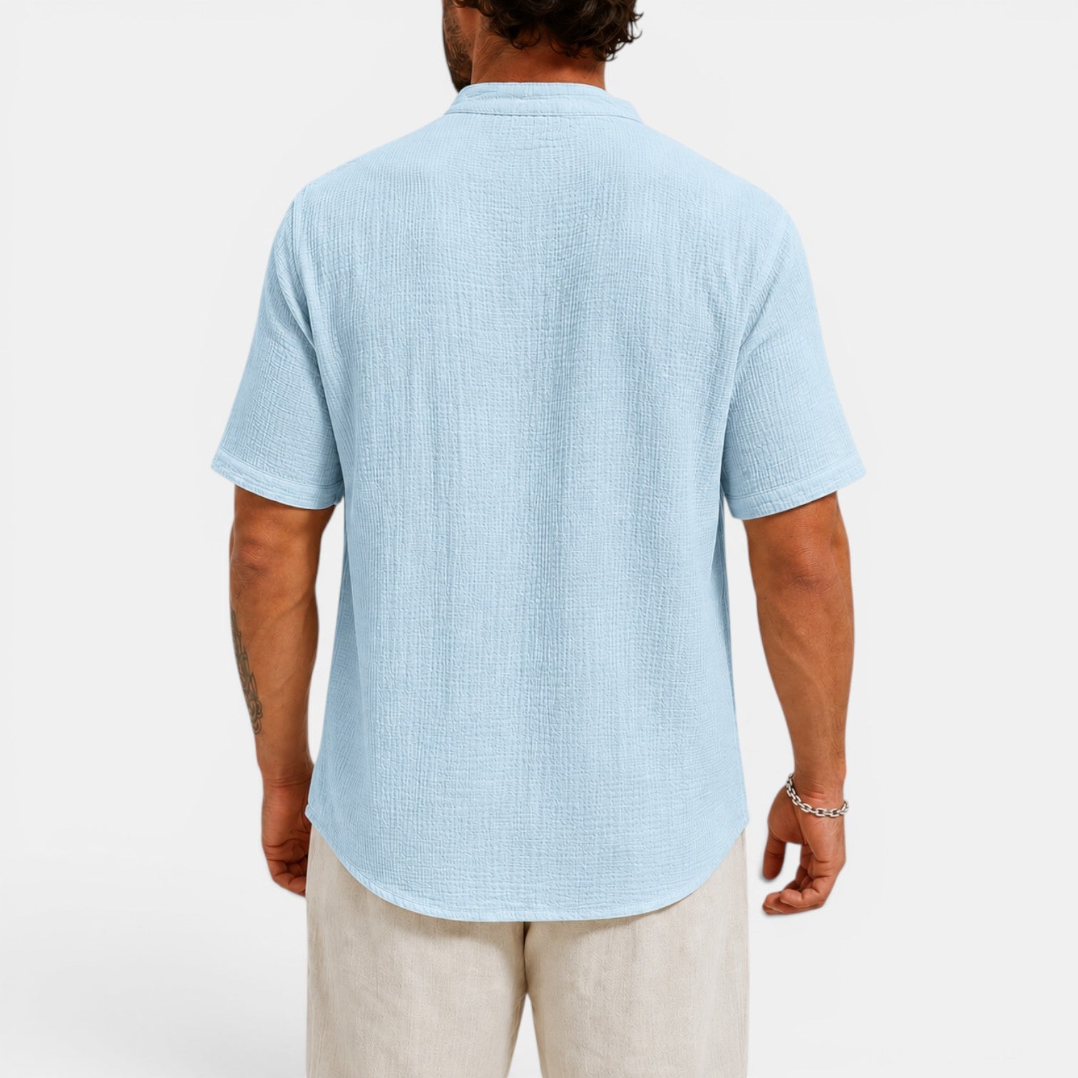Monvaline | Men’s Lightweight Summer Shirt – Textured Stand Collar