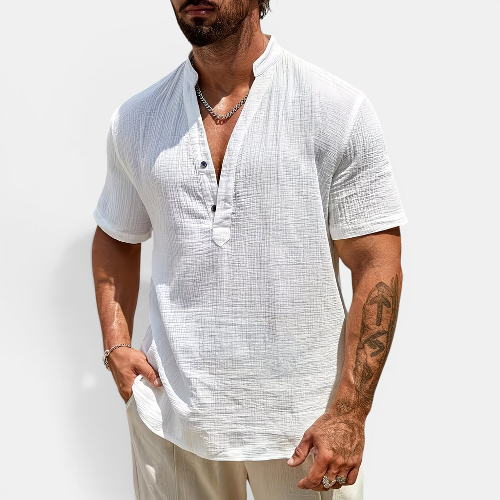 Monvaline | Men’s Lightweight Summer Shirt – Textured Stand Collar