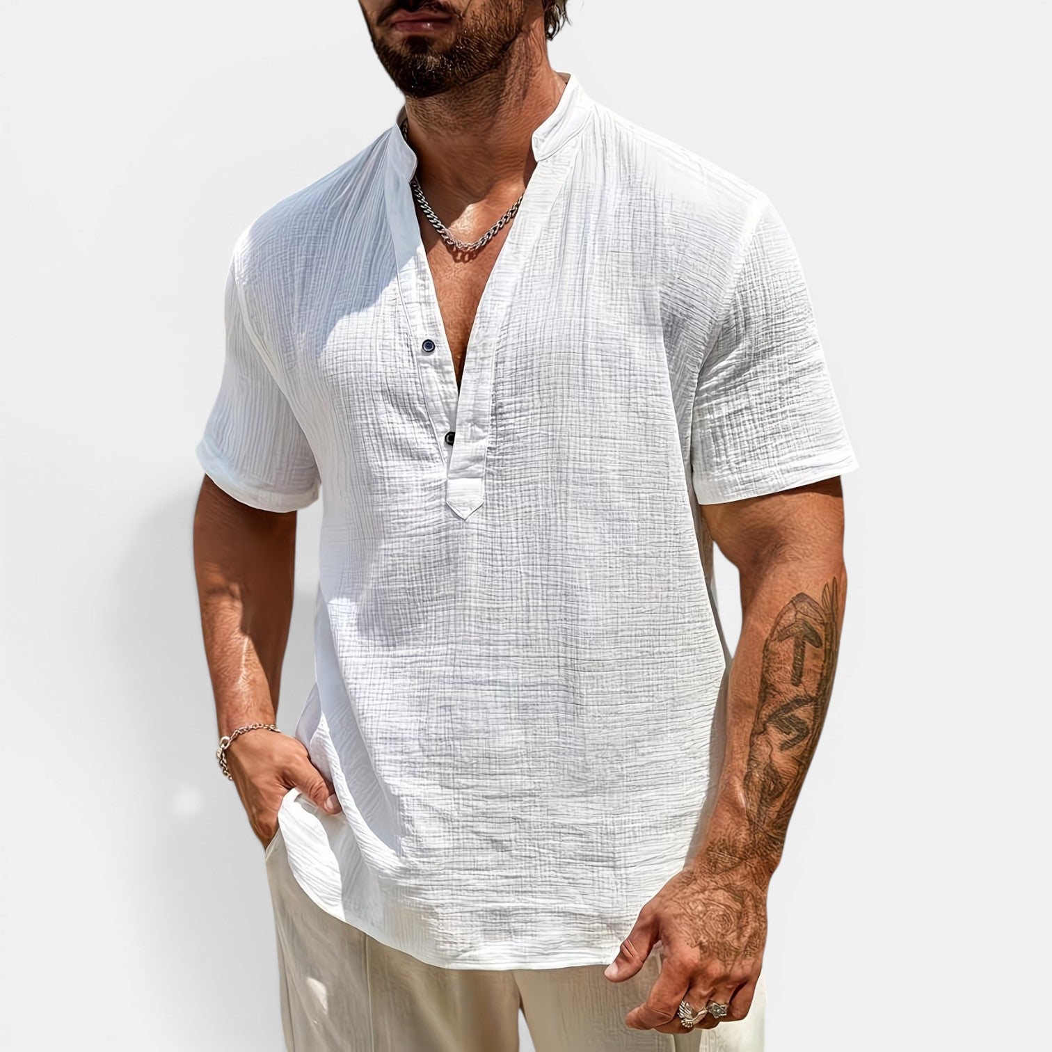 Monvaline | Men’s Lightweight Summer Shirt – Textured Stand Collar