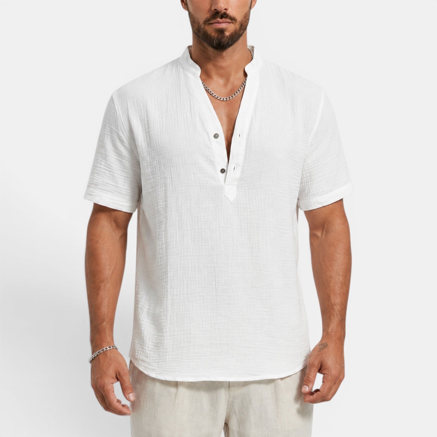 Monvaline | Men’s Lightweight Summer Shirt – Textured Stand Collar