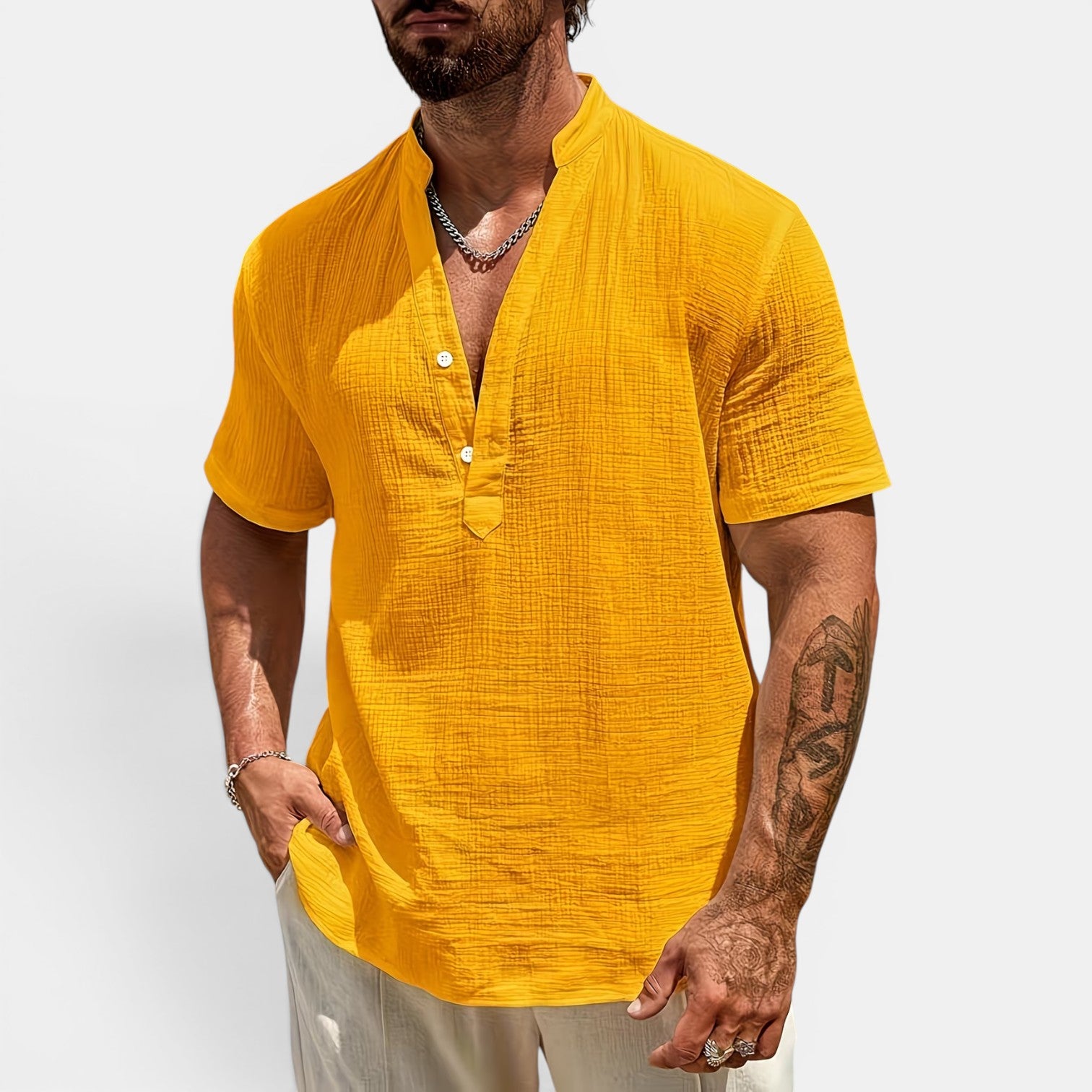 Monvaline | Men’s Lightweight Summer Shirt – Textured Stand Collar