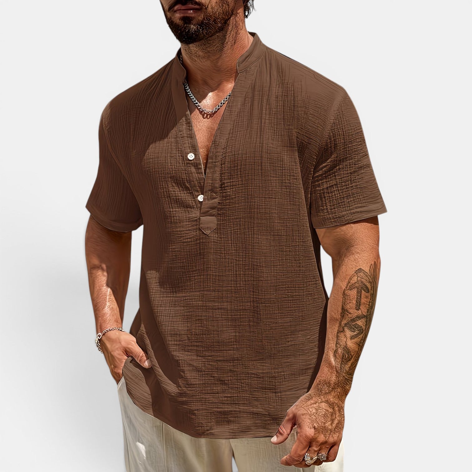 Monvaline | Men’s Lightweight Summer Shirt – Textured Stand Collar