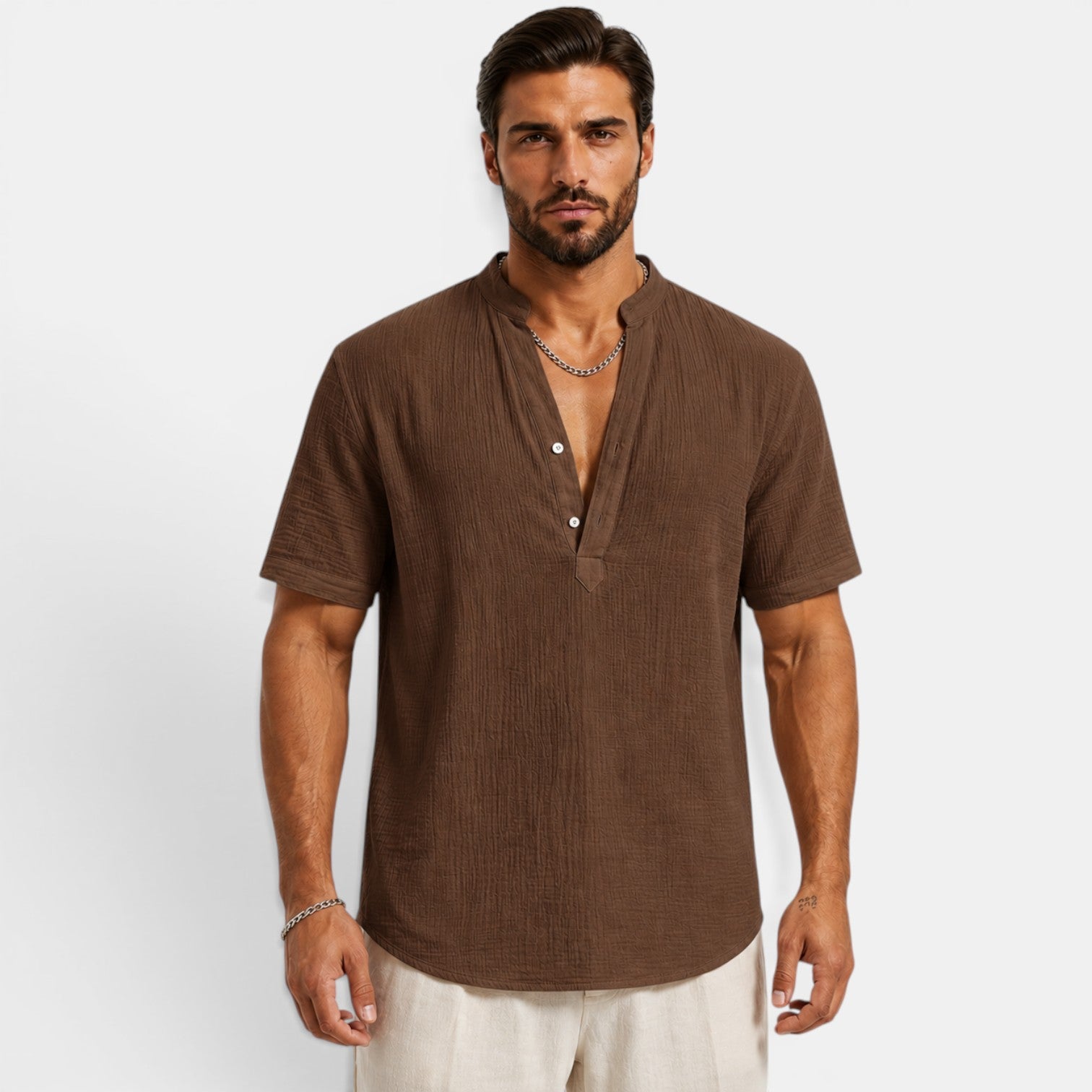 Monvaline | Men’s Lightweight Summer Shirt – Textured Stand Collar