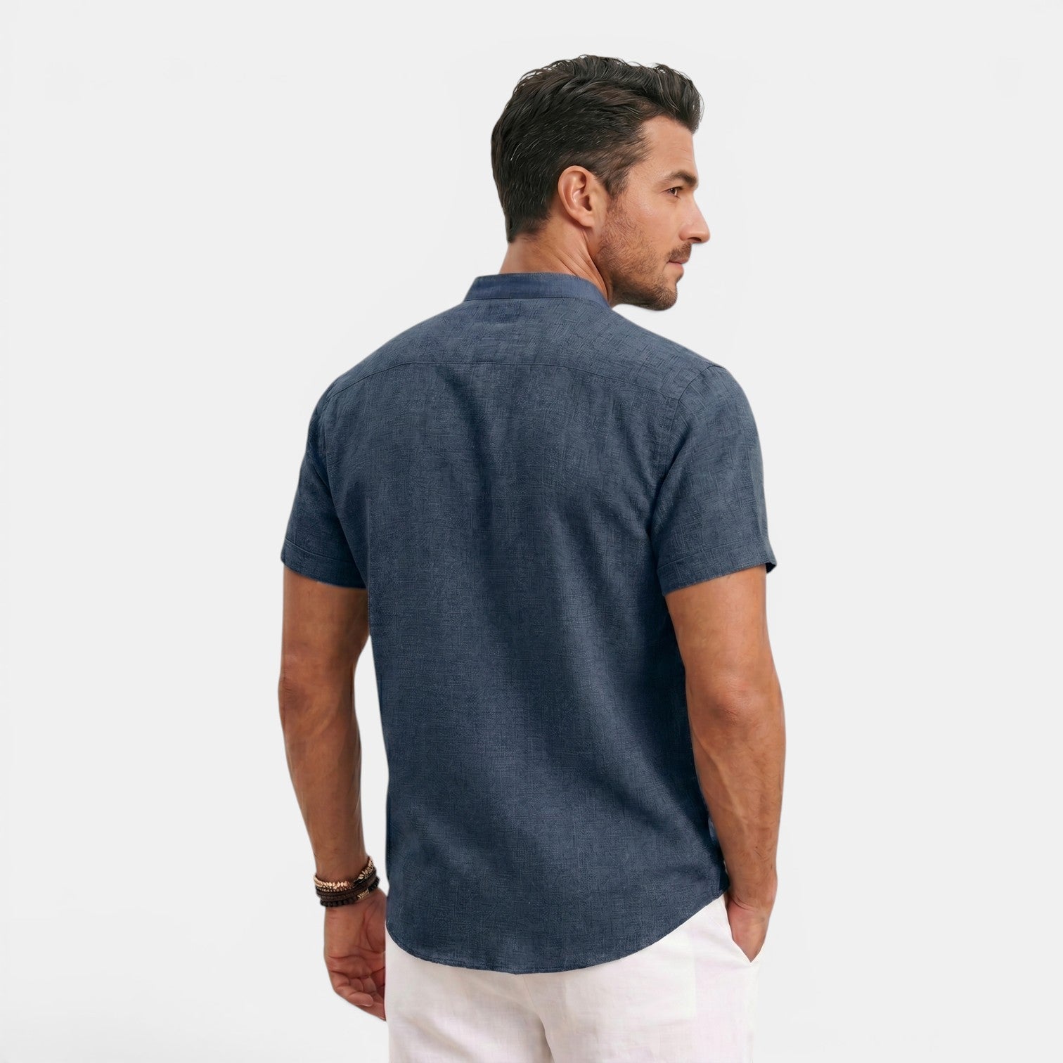 Monvaline | Men’s Linen Summer Shirt – Breathable Short Sleeve Stand Collar