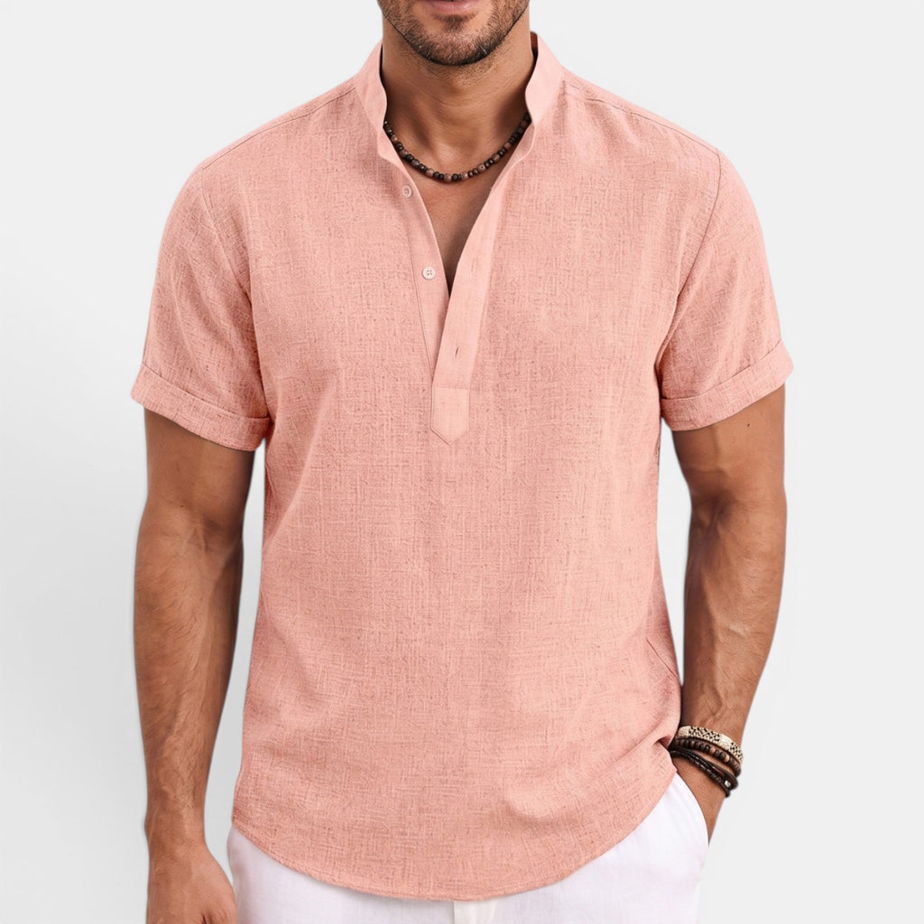 Monvaline | Men’s Linen Summer Shirt – Breathable Short Sleeve Stand Collar