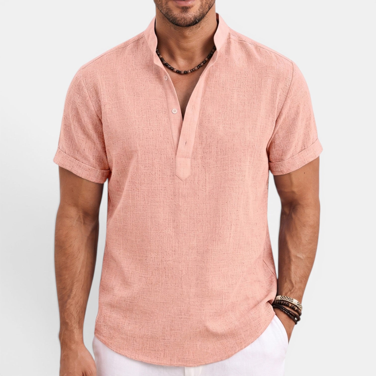 Monvaline | Men’s Linen Summer Shirt – Breathable Short Sleeve Stand Collar