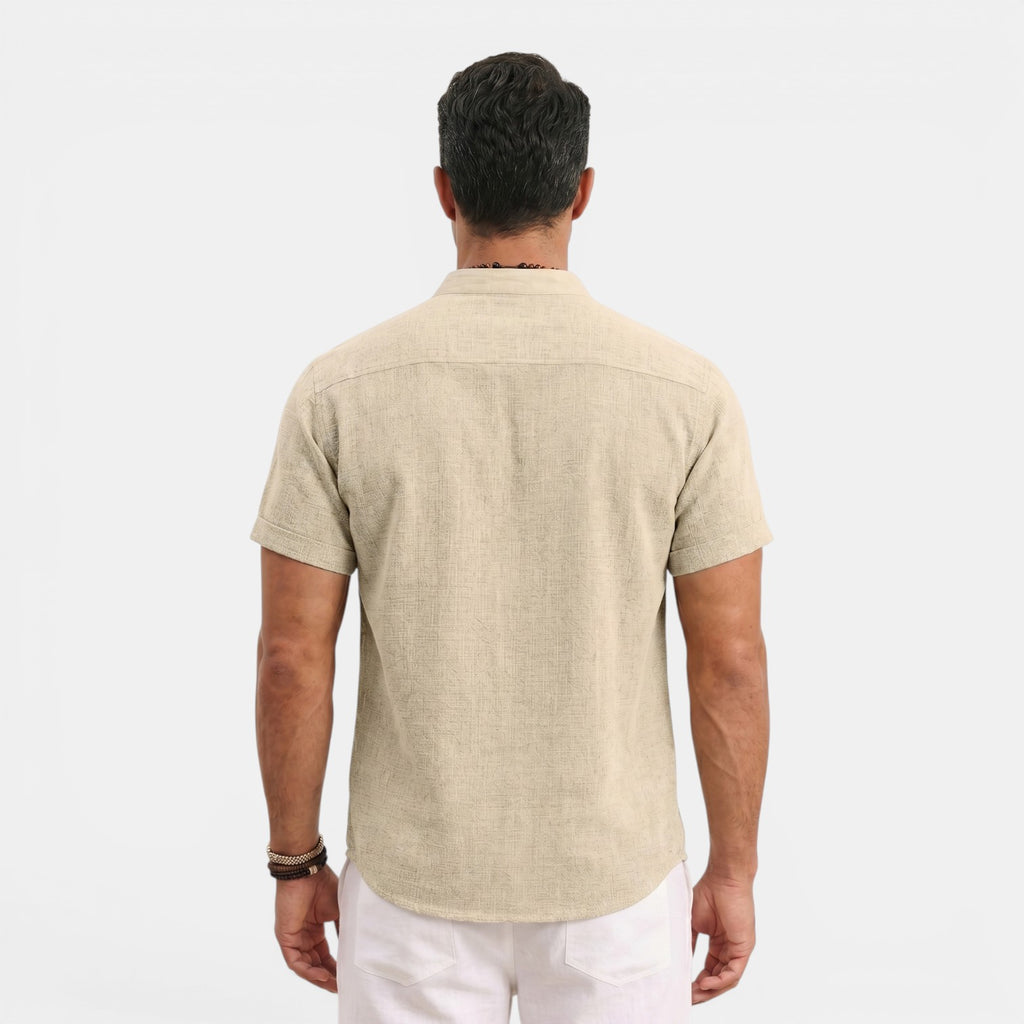 Monvaline | Men’s Linen Summer Shirt – Breathable Short Sleeve Stand Collar
