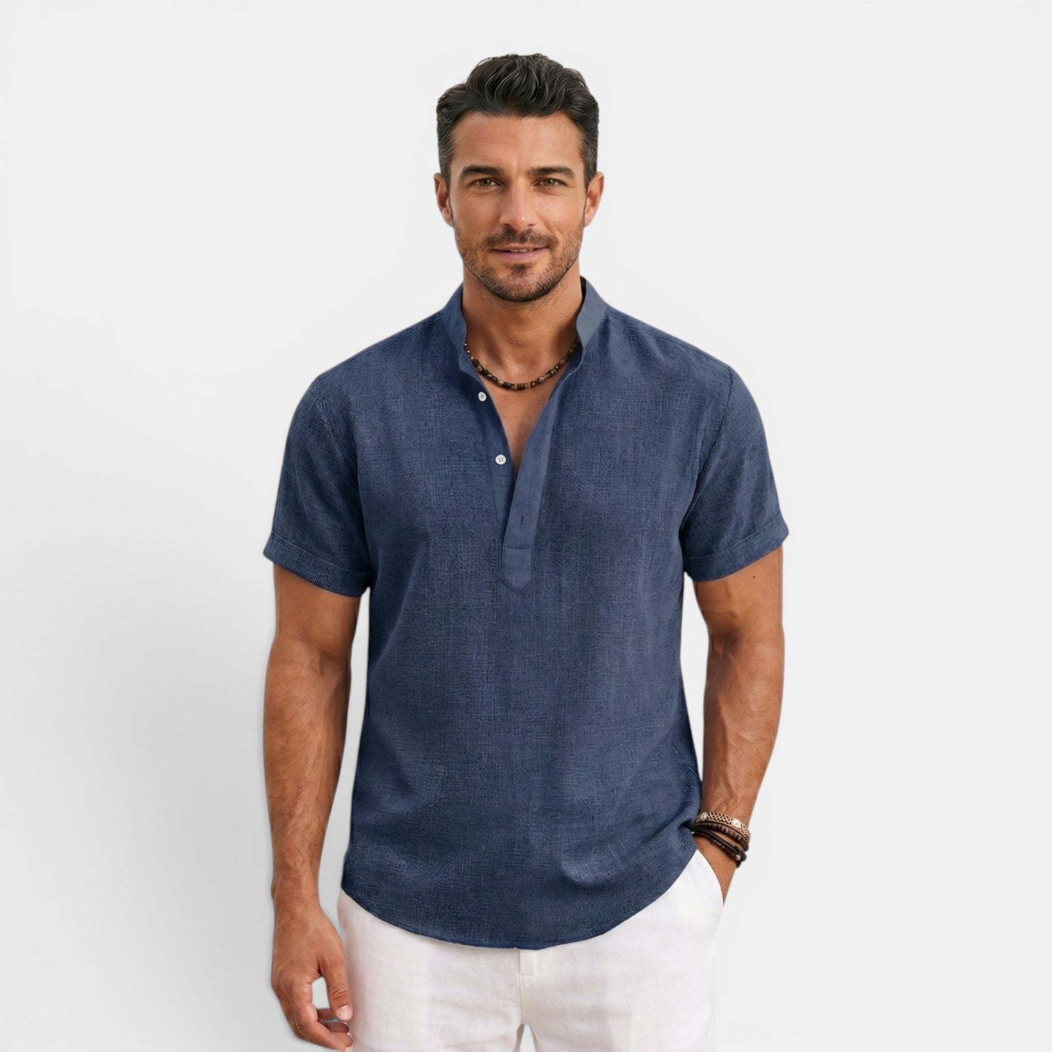 Monvaline | Men’s Linen Summer Shirt – Breathable Short Sleeve Stand Collar