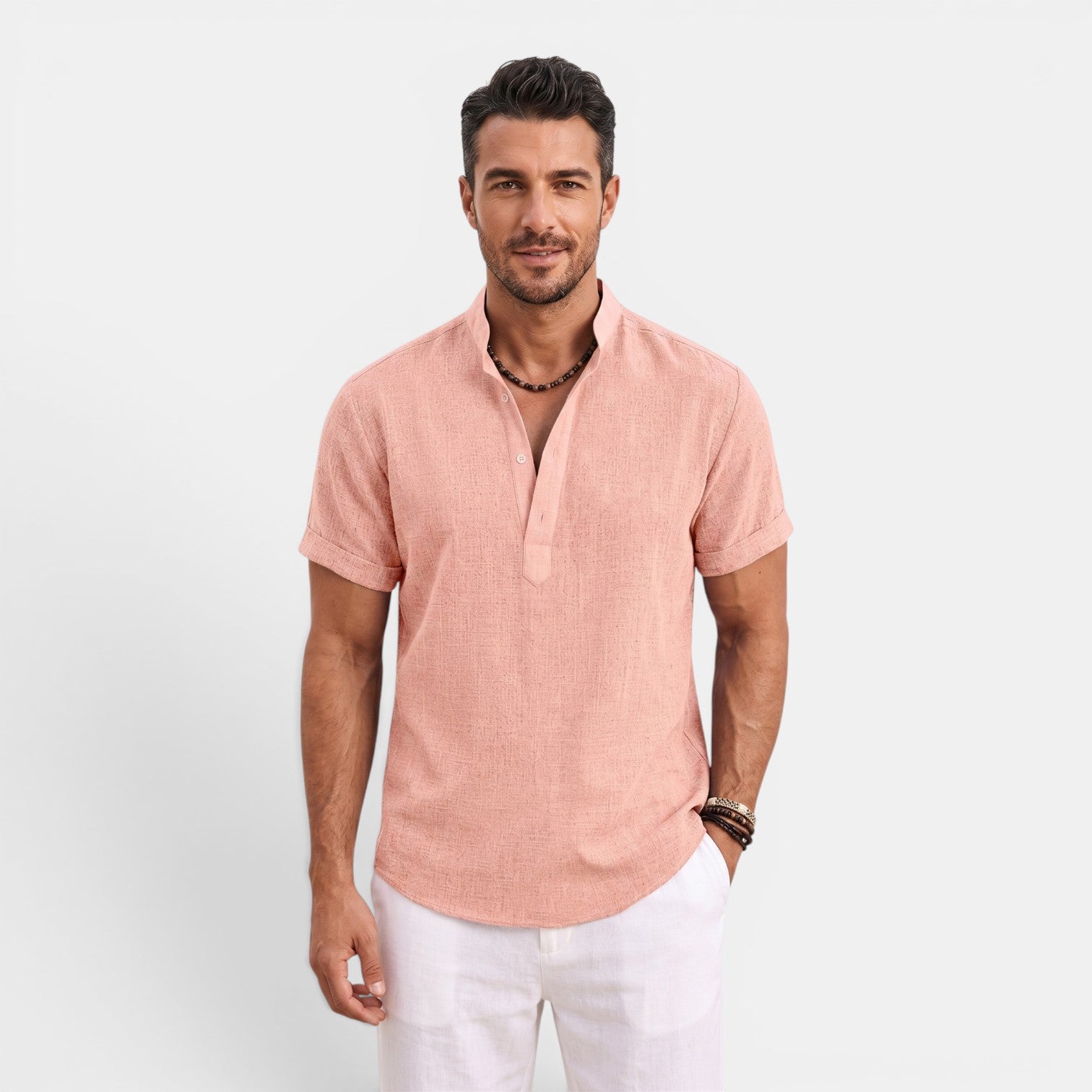 Monvaline | Men’s Linen Summer Shirt – Breathable Short Sleeve Stand Collar