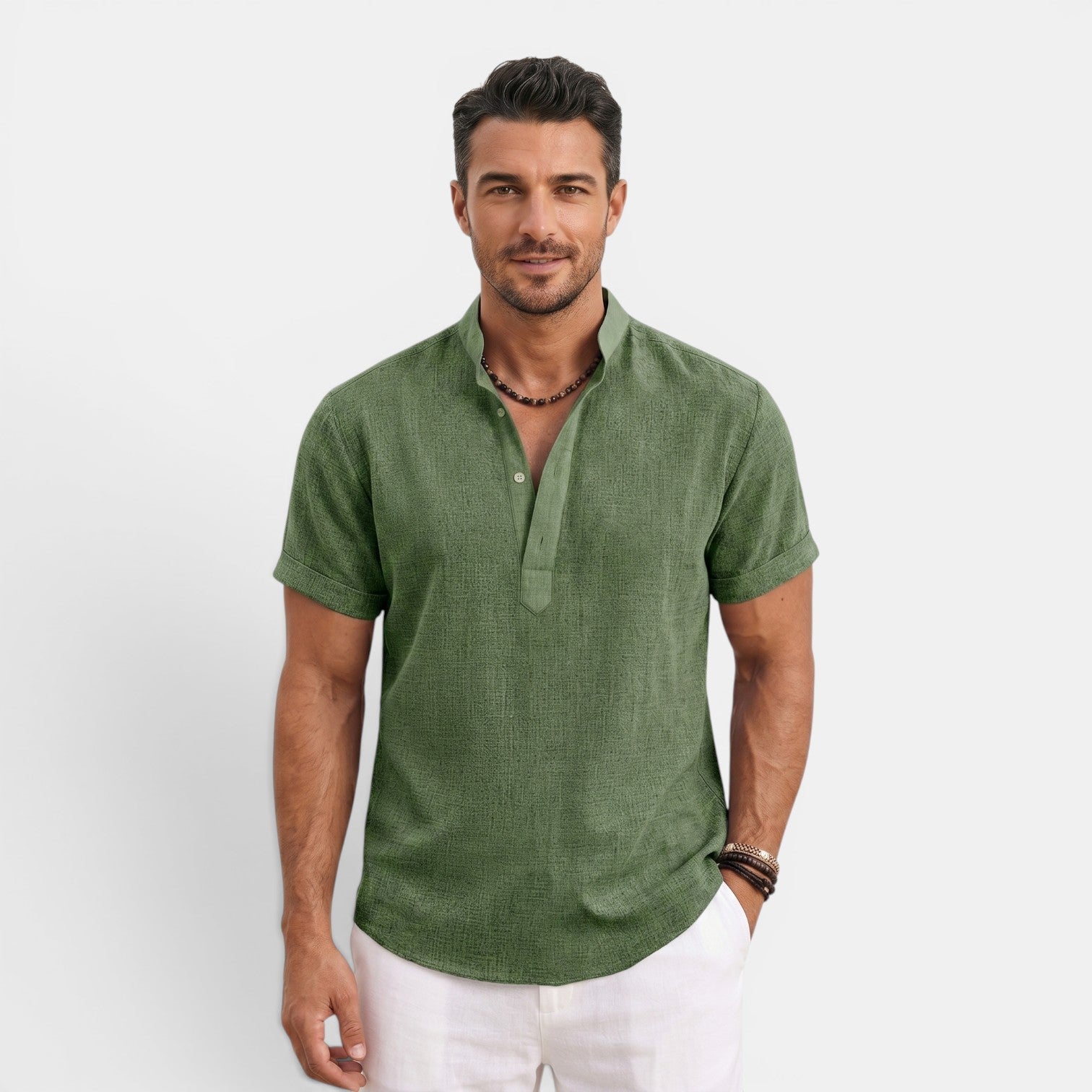 Monvaline | Men’s Linen Summer Shirt – Breathable Short Sleeve Stand Collar