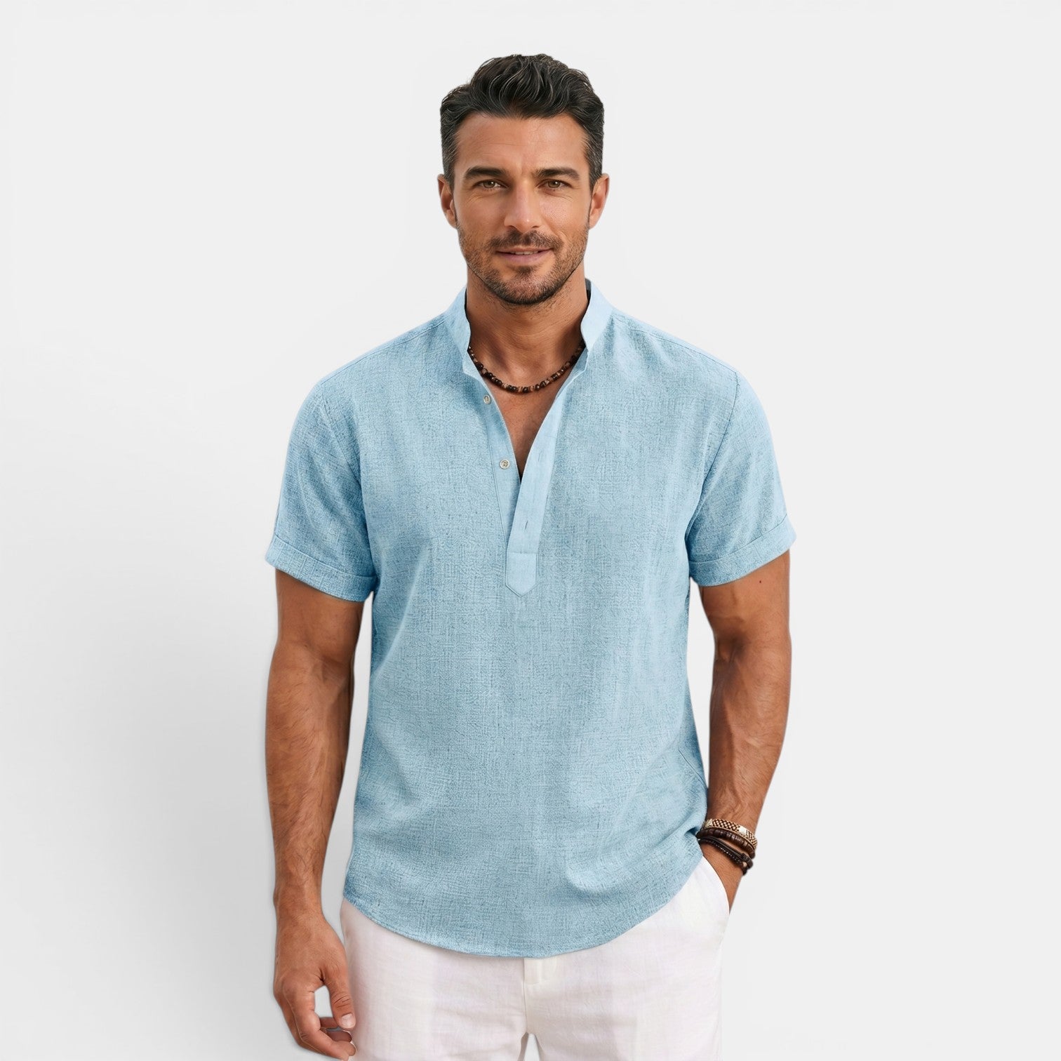 Monvaline | Men’s Linen Summer Shirt – Breathable Short Sleeve Stand Collar