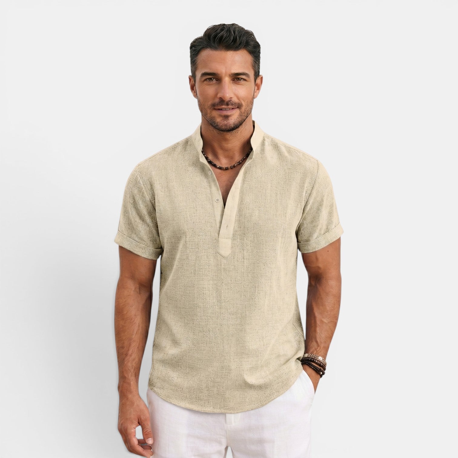 Monvaline | Men’s Linen Summer Shirt – Breathable Short Sleeve Stand Collar