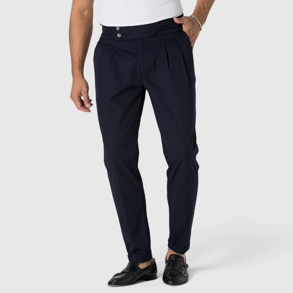 Monvaline | Men’s Navy Blue Pleated Dress Pants Stretch Regular Fit