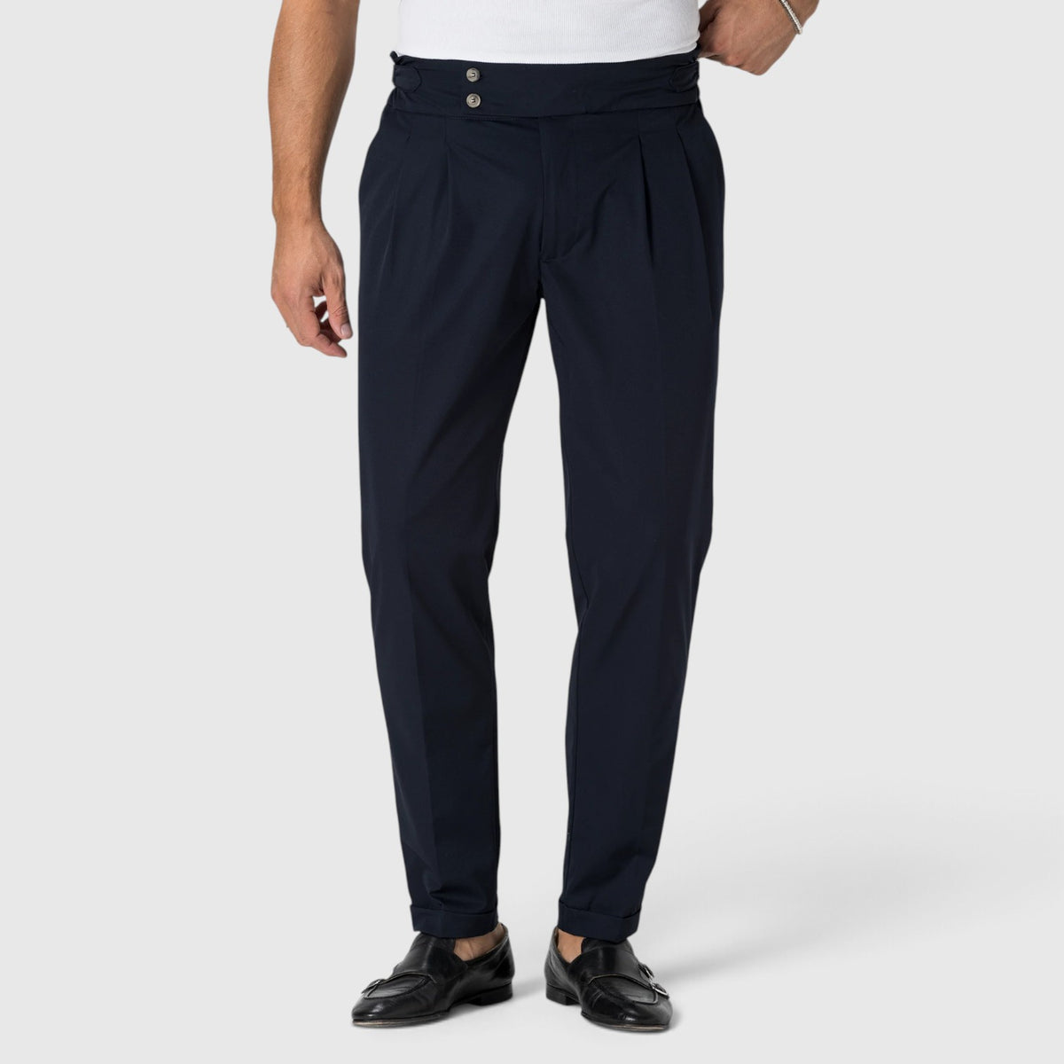 Monvaline | Men’s Navy Blue Pleated Dress Pants Stretch Regular Fit