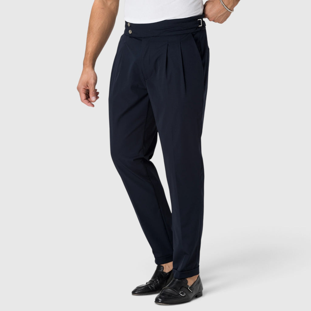 Monvaline | Men’s Navy Blue Pleated Dress Pants Stretch Regular Fit