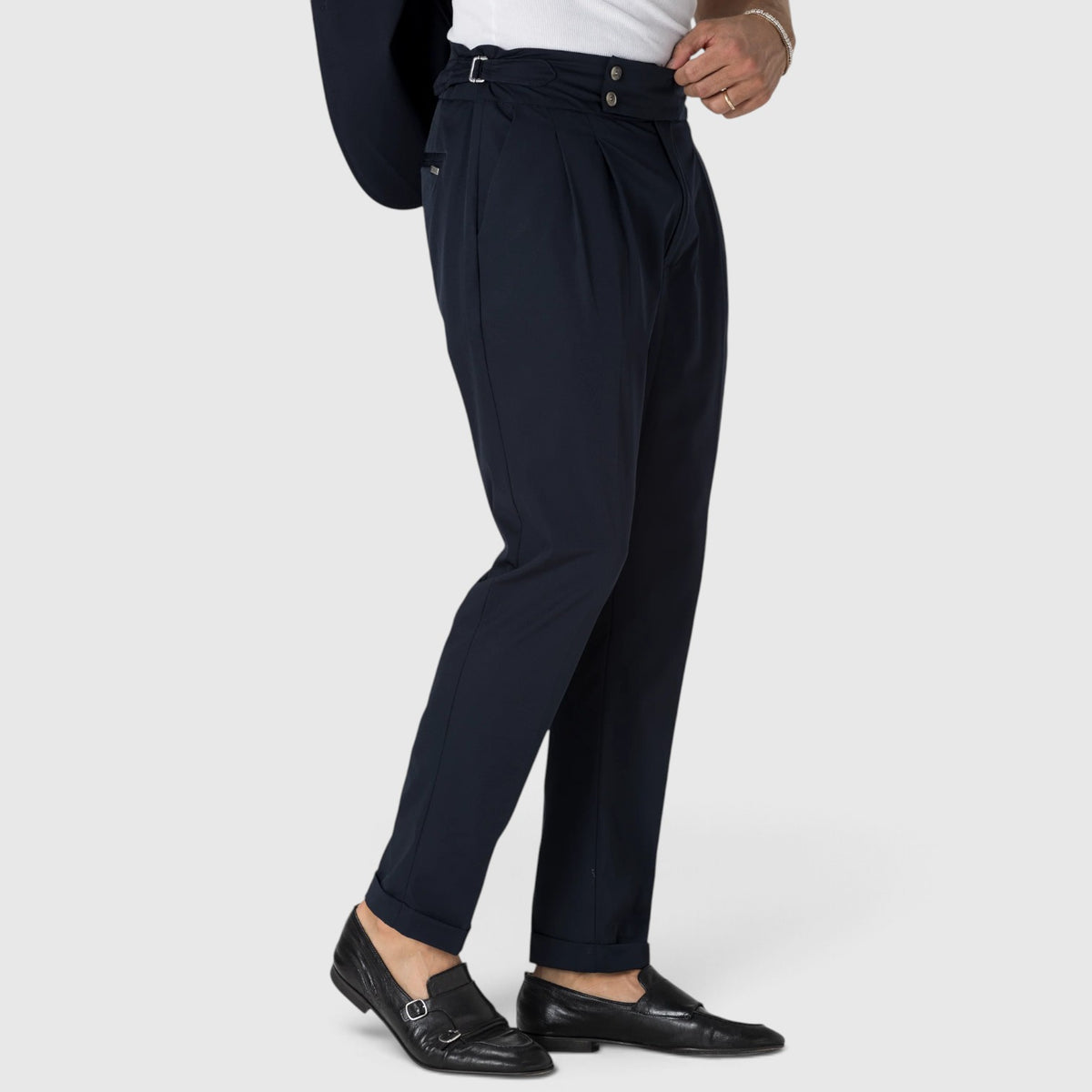 Monvaline | Men’s Navy Blue Pleated Dress Pants Stretch Regular Fit