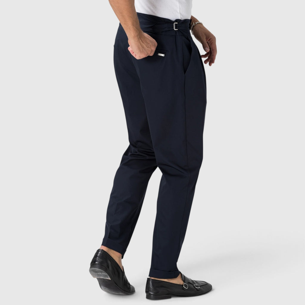 Monvaline | Men’s Navy Blue Pleated Dress Pants Stretch Regular Fit