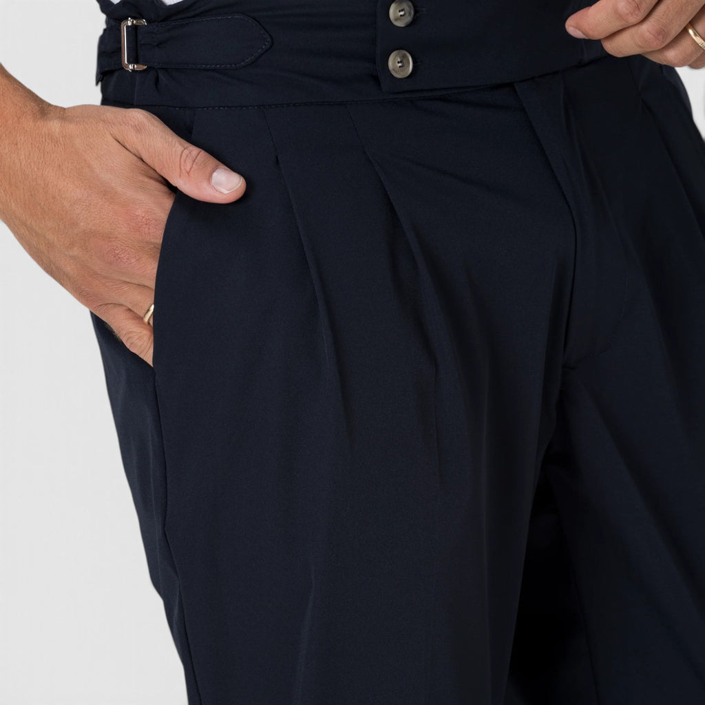 Monvaline | Men’s Navy Blue Pleated Dress Pants Stretch Regular Fit
