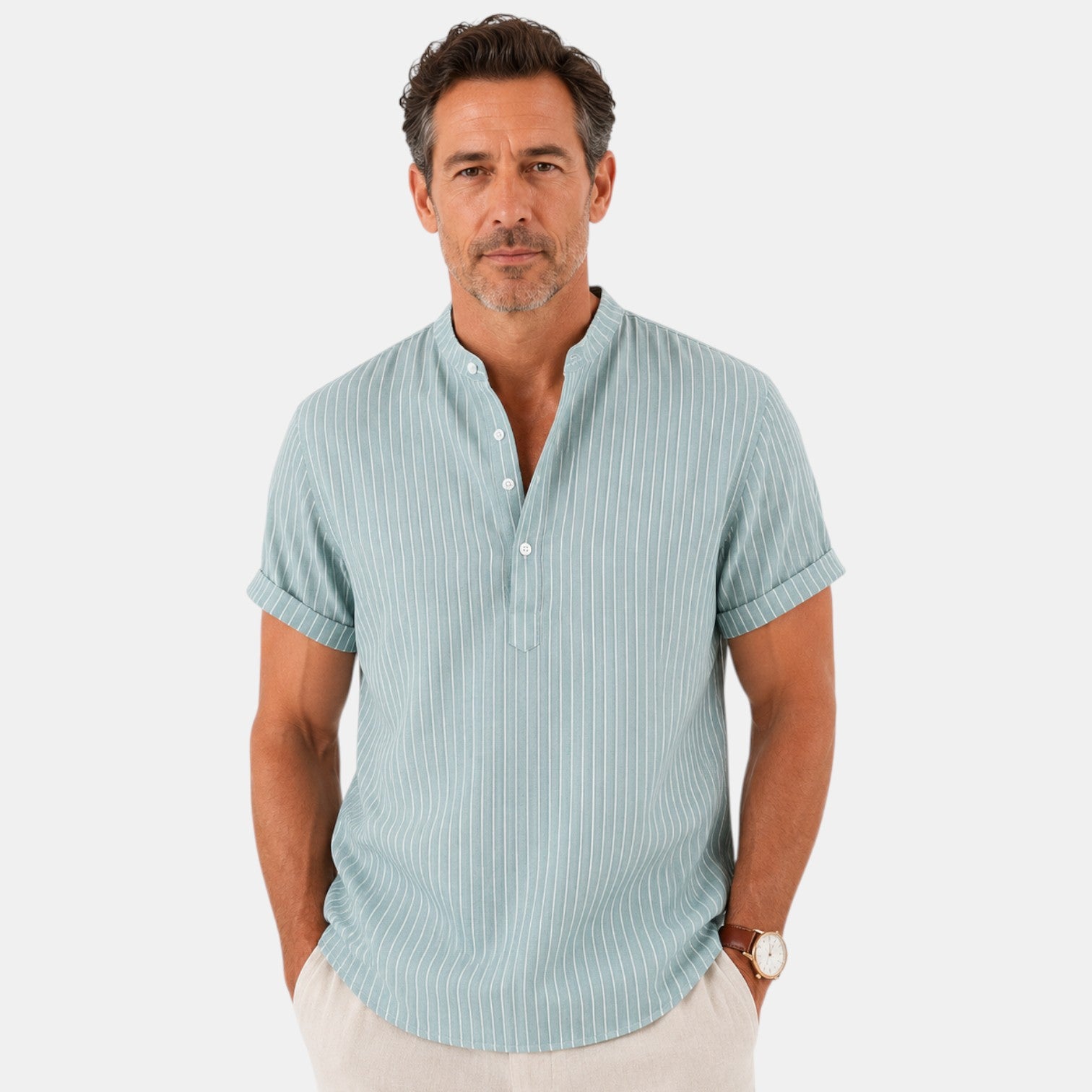 Monvaline | Men's Striped Short Sleeve Cotton Shirt Loose Fit Summer Casual