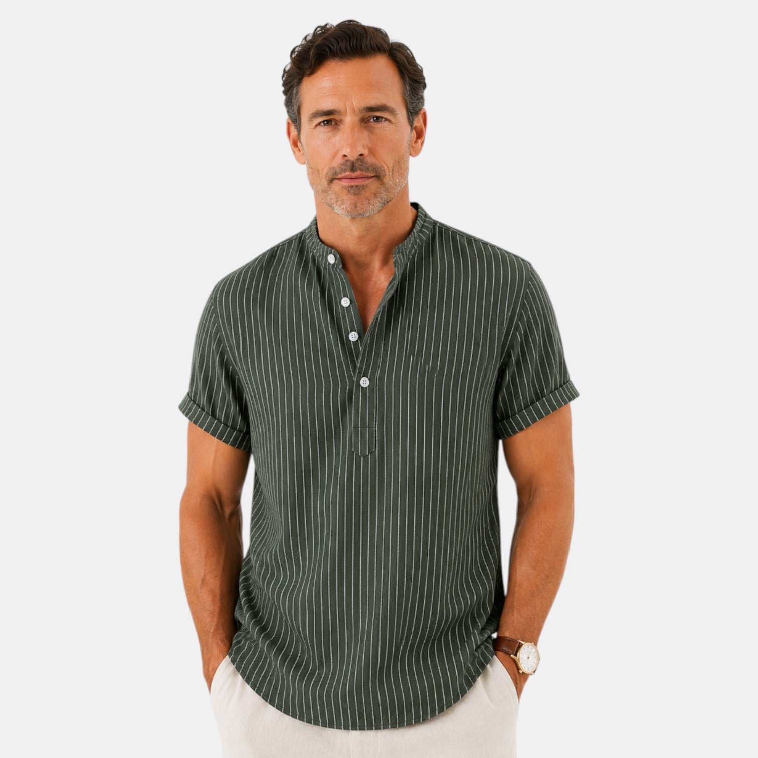 Monvaline | Men's Striped Short Sleeve Cotton Shirt Loose Fit Summer Casual