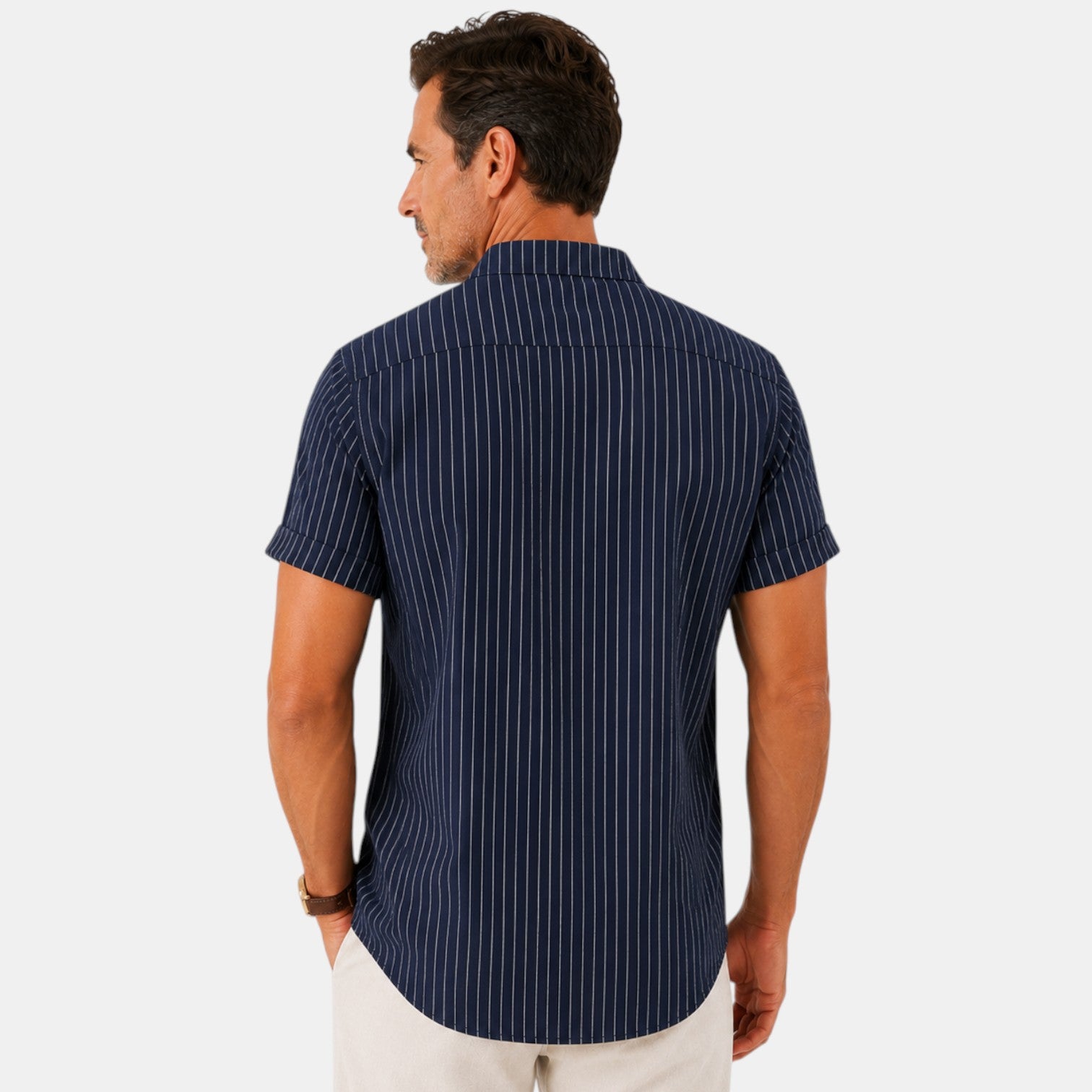 Monvaline | Men's Striped Short Sleeve Cotton Shirt Loose Fit Summer Casual