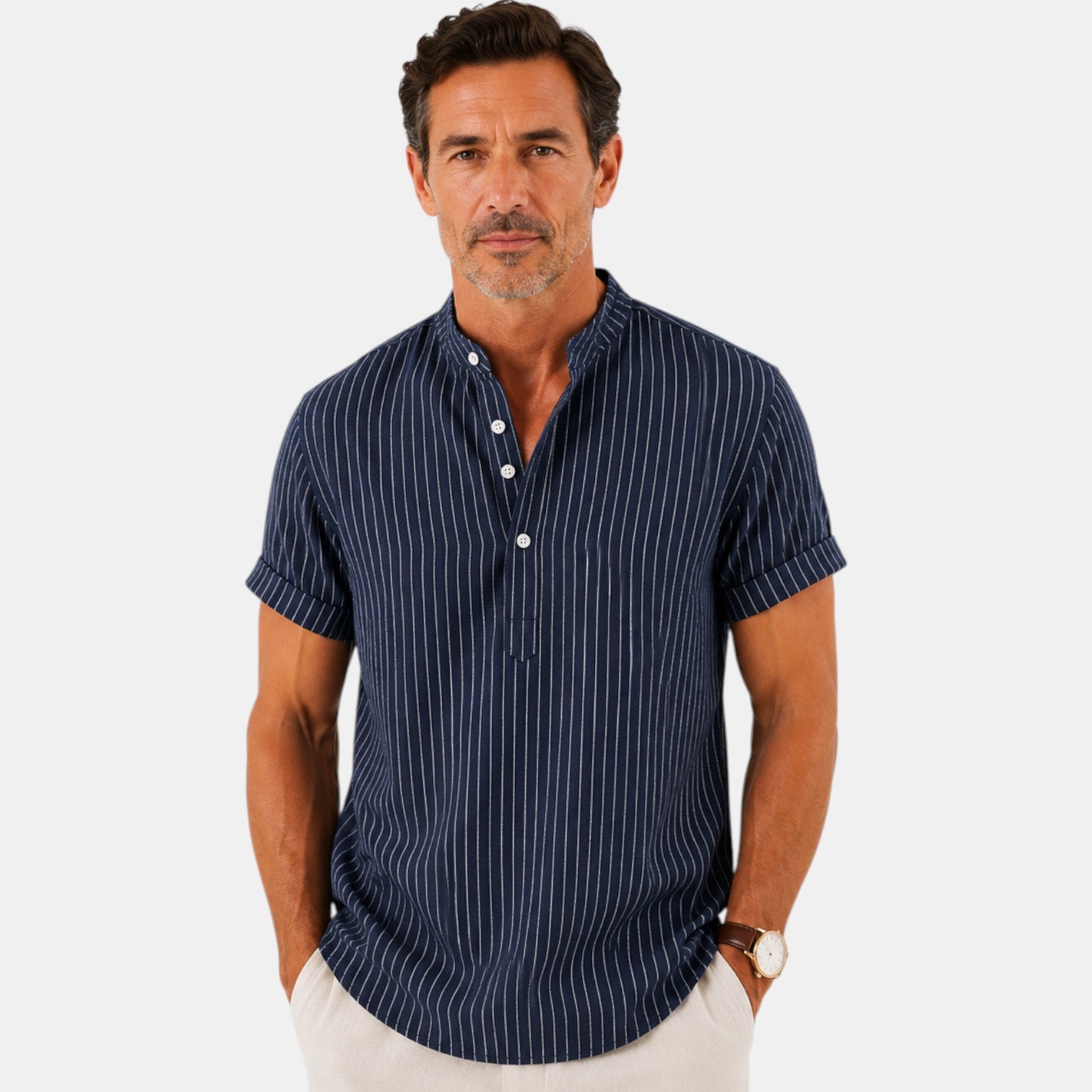 Monvaline | Men's Striped Short Sleeve Cotton Shirt Loose Fit Summer Casual