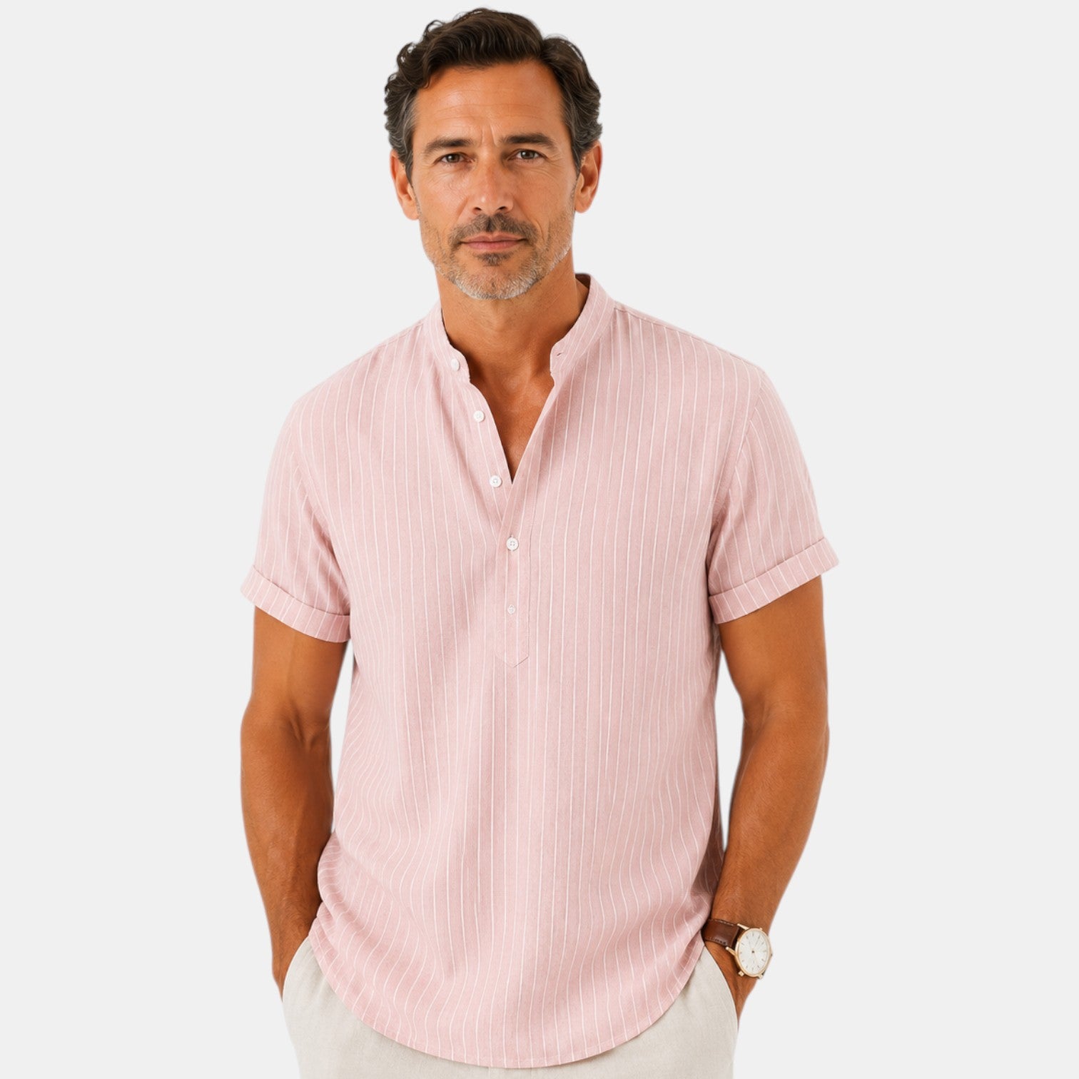 Monvaline | Men's Striped Short Sleeve Cotton Shirt Loose Fit Summer Casual