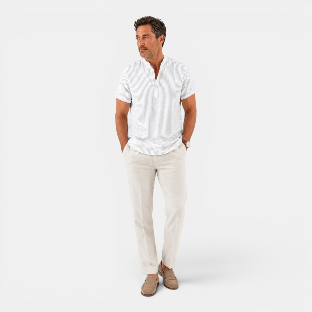 Monvaline | Men's Striped Short Sleeve Cotton Shirt Loose Fit Summer Casual