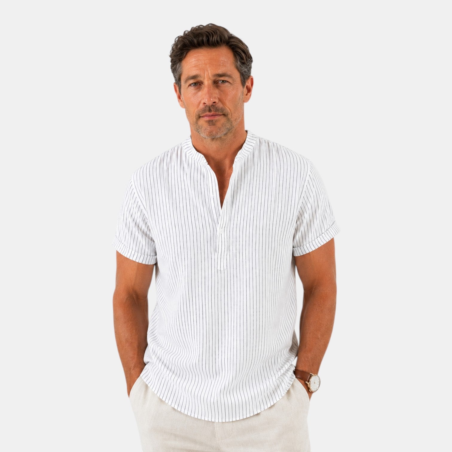 Monvaline | Men's Striped Short Sleeve Cotton Shirt Loose Fit Summer Casual