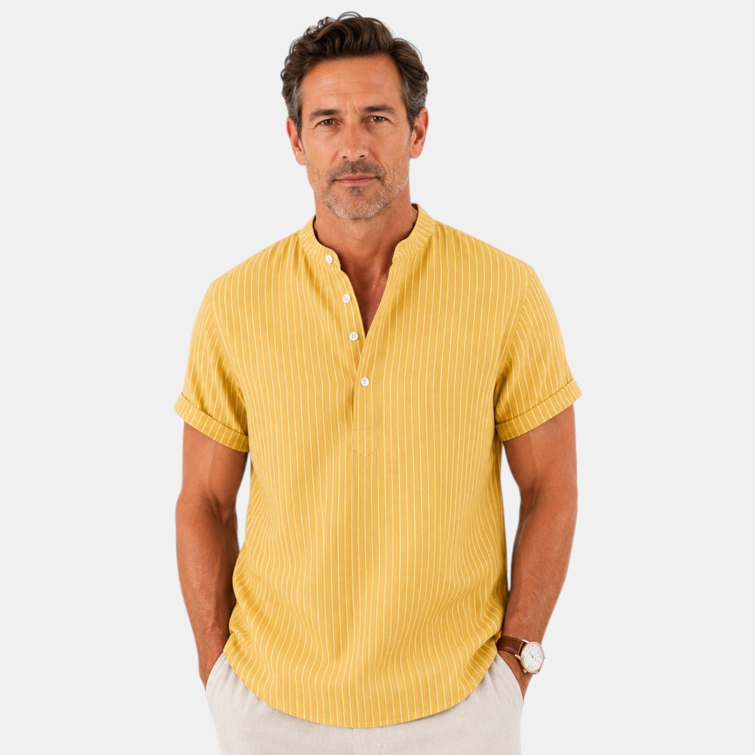 Monvaline | Men's Striped Short Sleeve Cotton Shirt Loose Fit Summer Casual