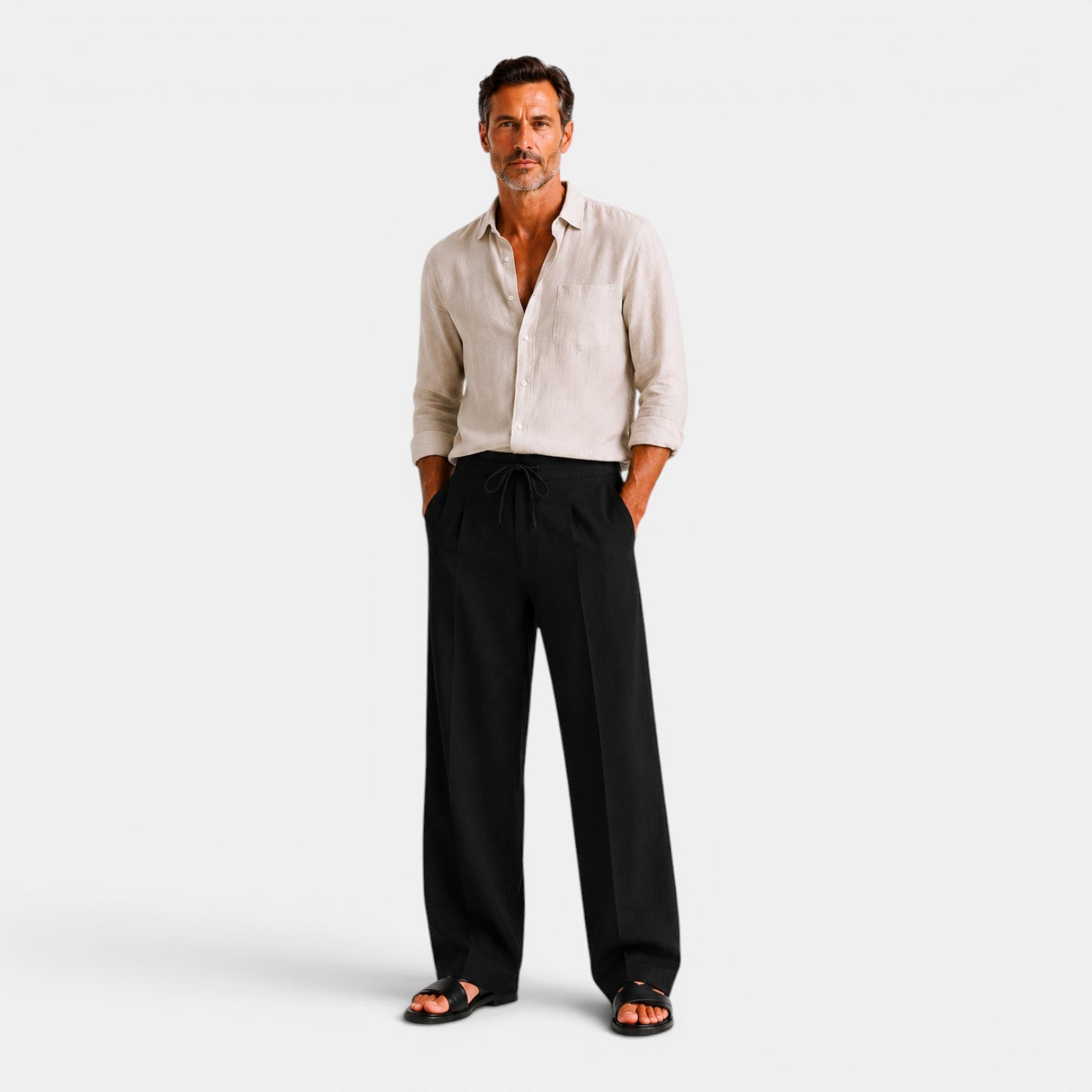 Monvaline | Men's Wide Leg Pants with Pockets – Casual Drawstring Trousers