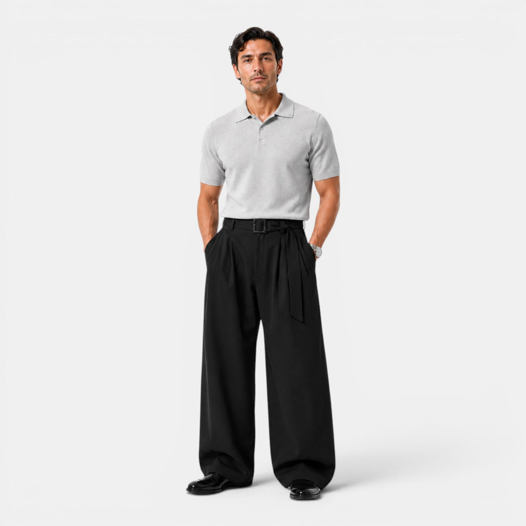 Monvaline | Men's Wide Leg Pleated Dress Pants High Waist Belted Trousers