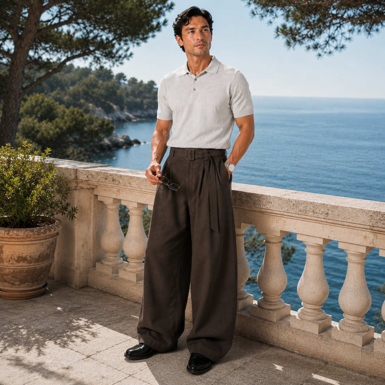 Monvaline | Men's Wide Leg Pleated Dress Pants High Waist Belted Trousers