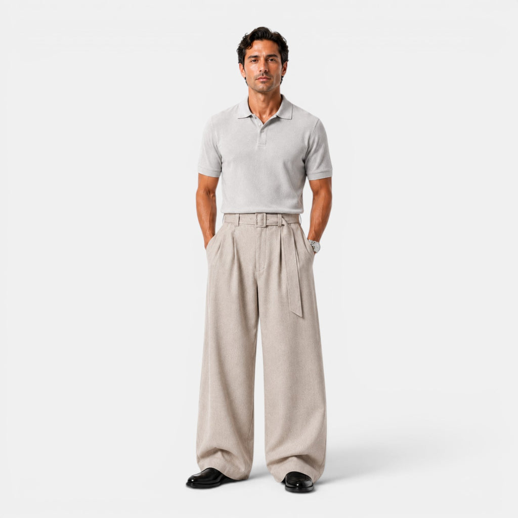 Monvaline | Men's Wide Leg Pleated Dress Pants High Waist Belted Trousers