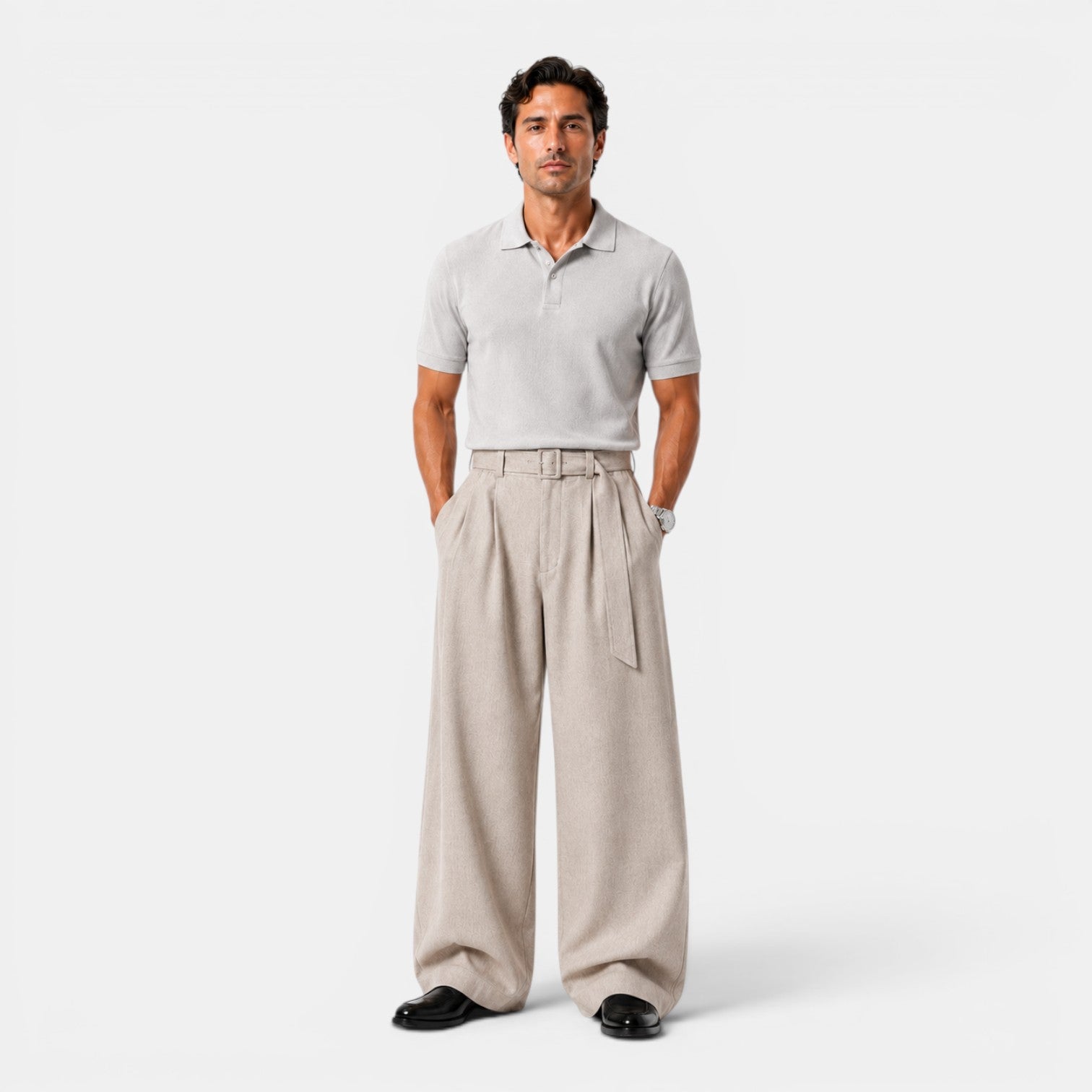 Monvaline | Men's Wide Leg Pleated Dress Pants High Waist Belted Trousers