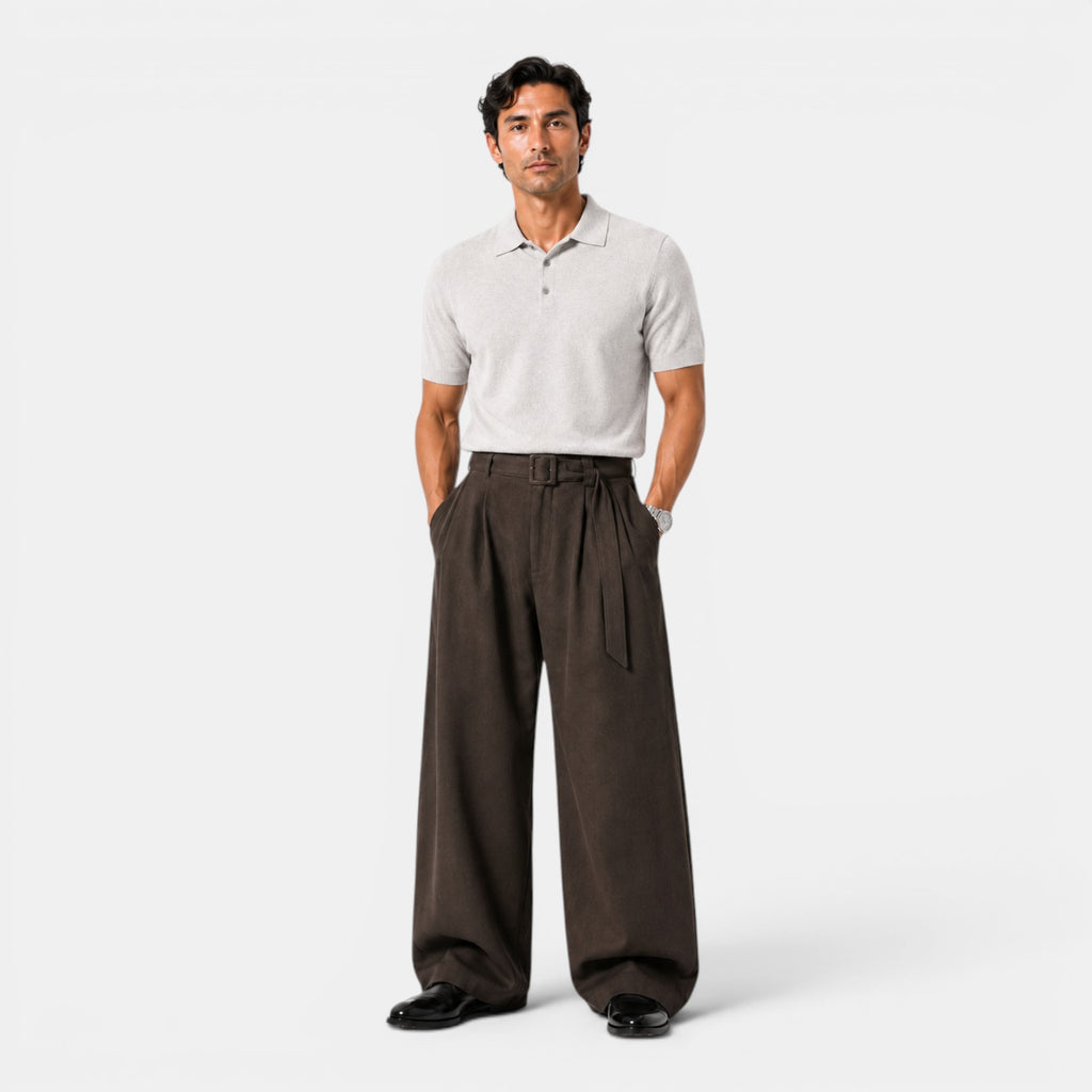 Monvaline | Men's Wide Leg Pleated Dress Pants High Waist Belted Trousers