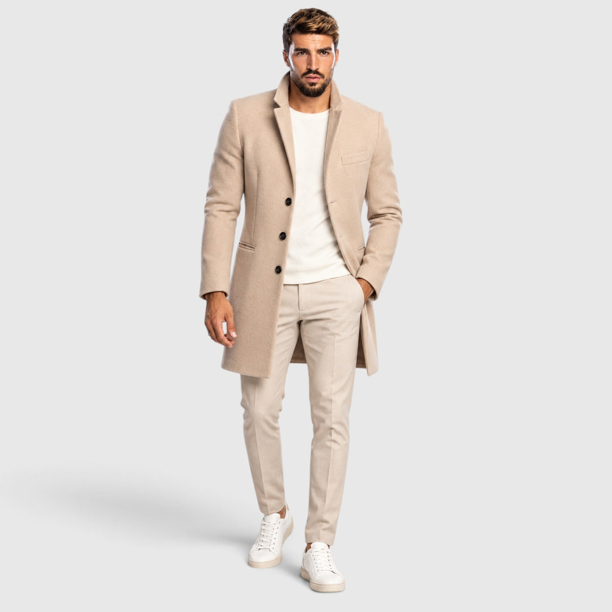 Monvaline | Men’s Beige Slim Fit Coat Single-Breasted Tailored Style