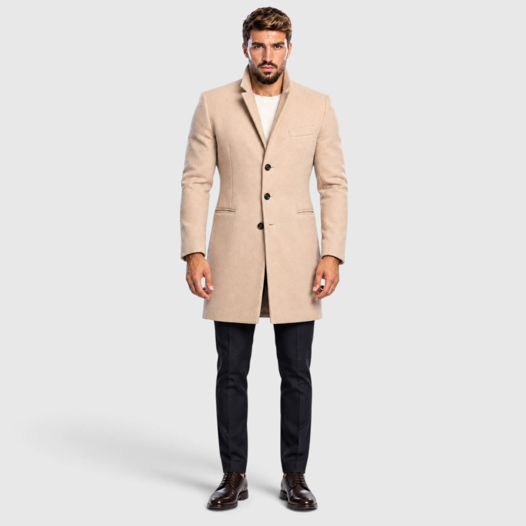 Monvaline | Men’s Beige Slim Fit Coat Single-Breasted Tailored Style