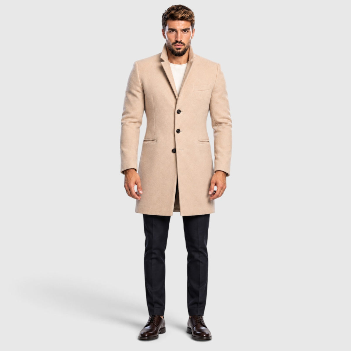 Monvaline | Men’s Beige Slim Fit Coat Single-Breasted Tailored Style