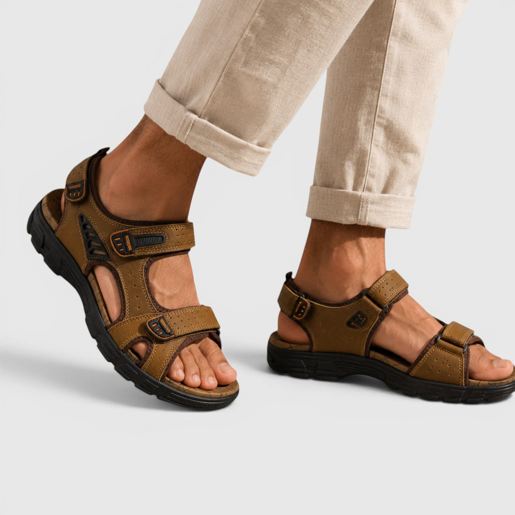 Monvaline | Men's Leather Walking Sandals with Adjustable Velcro Strap
