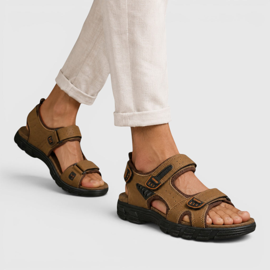 Monvaline | Men's Leather Walking Sandals with Adjustable Velcro Strap