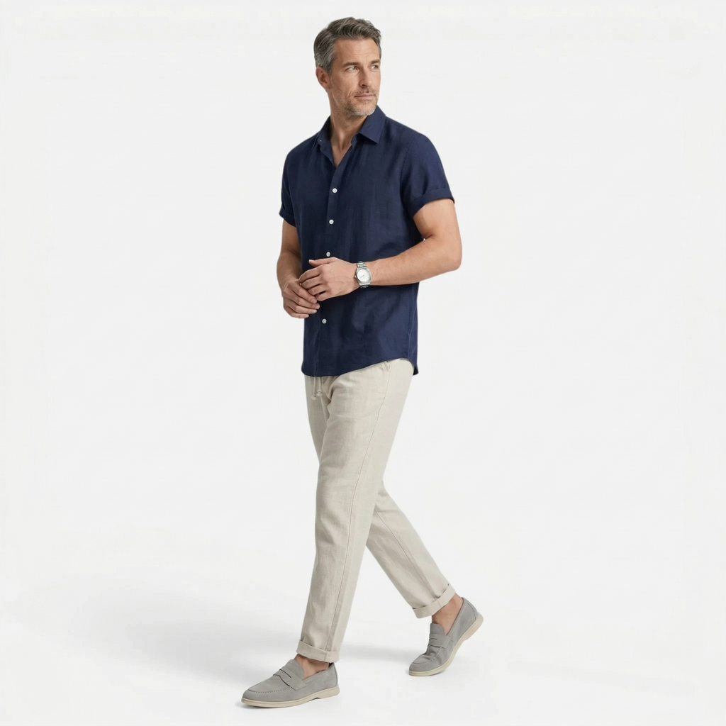 Monvaline | Men’s Linen Blend Set Breathable Comfort Short Sleeve Summer