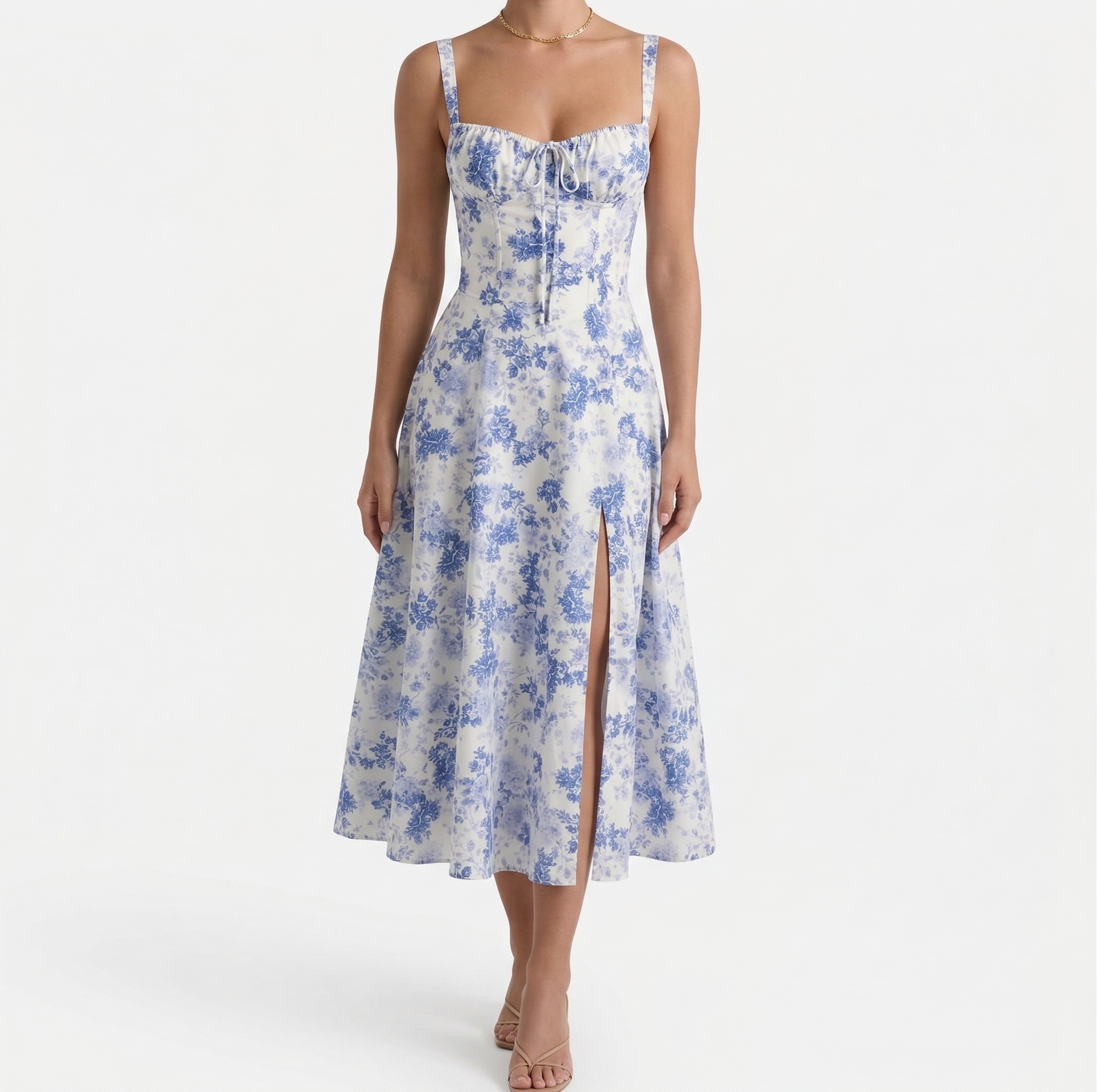 Monvaline | Women’s Summer Corset Midi Dress Slim Fit Floral Lightweight
