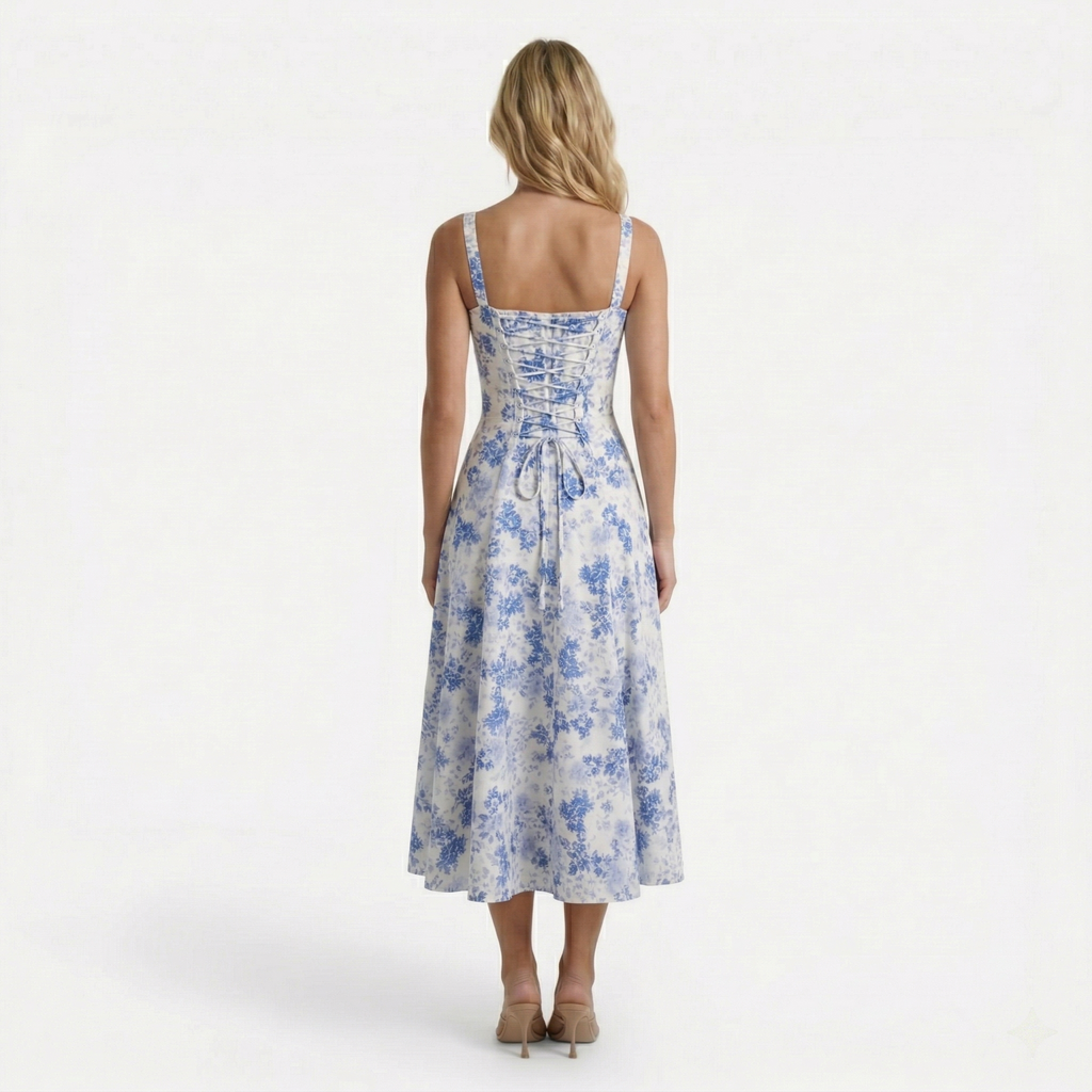 Monvaline | Women’s Summer Corset Midi Dress Slim Fit Floral Lightweight